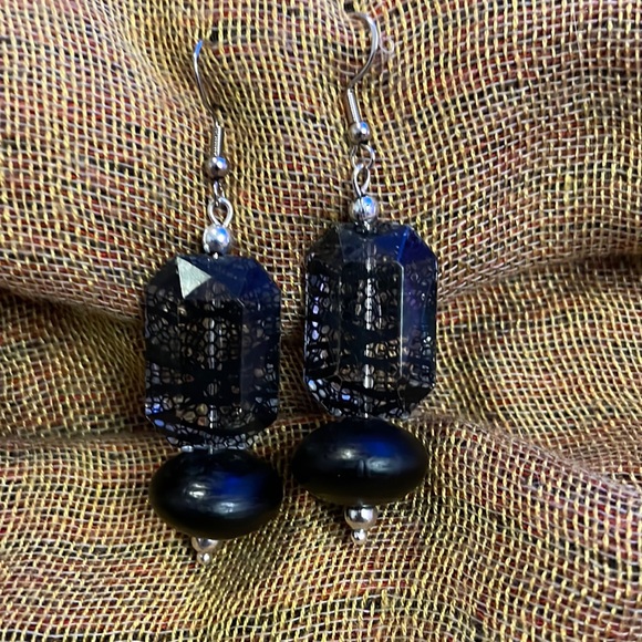 Handmade Jewelry Earrings Made w New & Upcycled Beads in Black & Silver - Picture 1 of 3